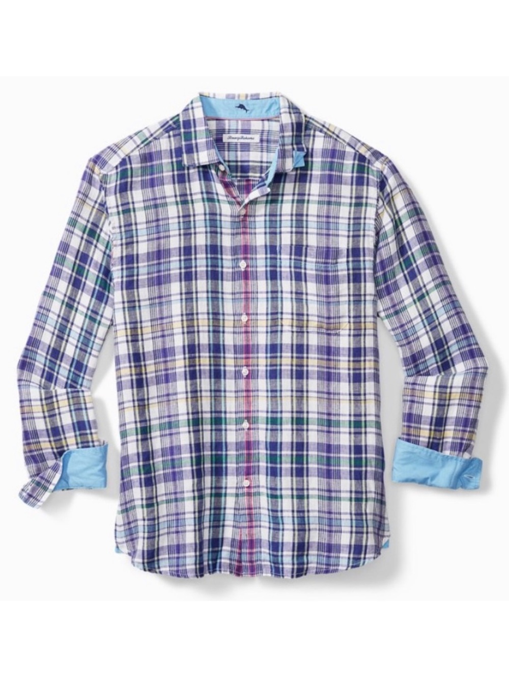 Tommy Bahama Sea Isle Linen Shirt Blue Check Men's Size XL